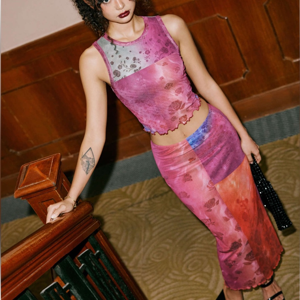Cider Mesh Floral Patchwork 90s Midi Skirt Set